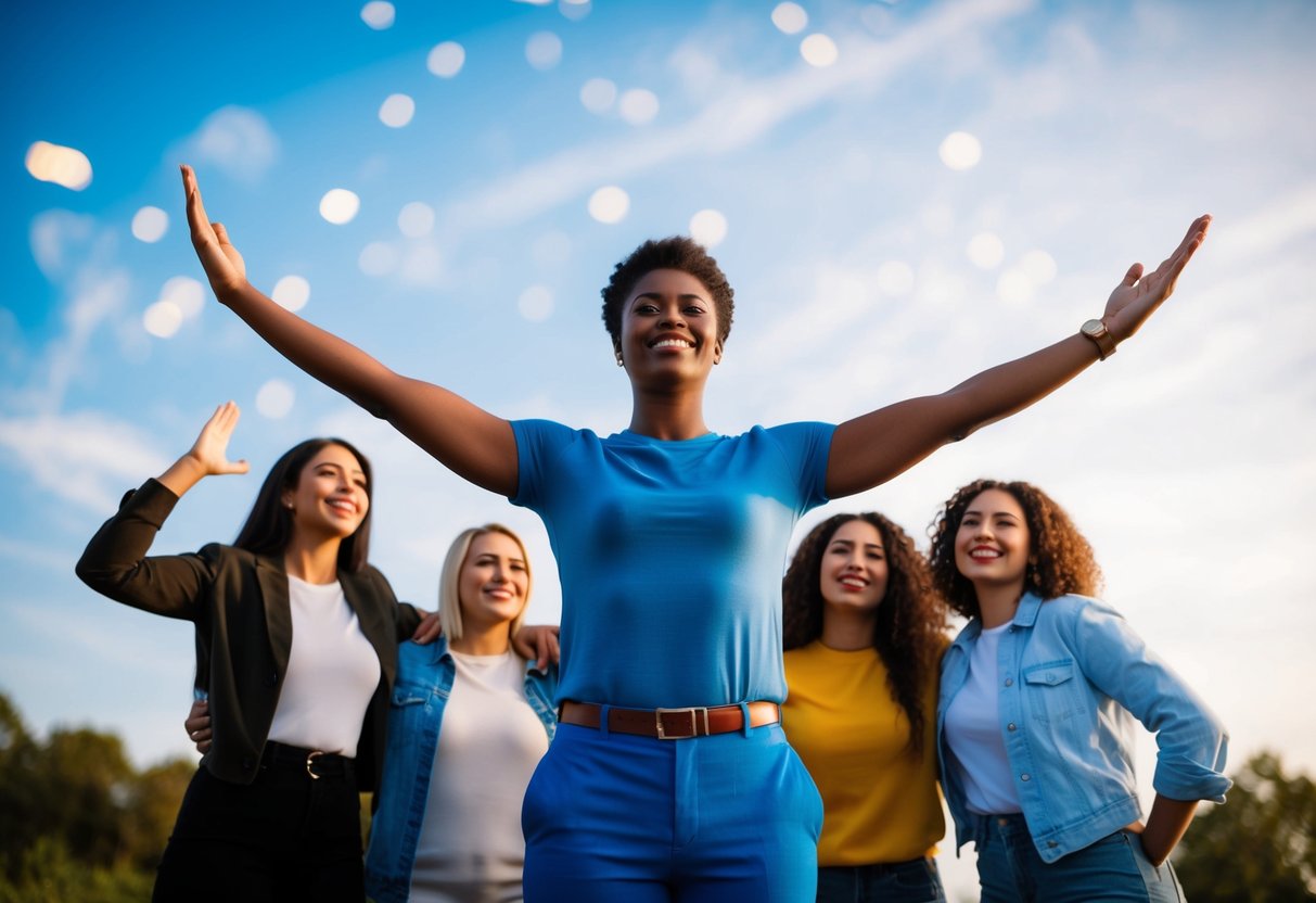 A person standing tall with a confident posture, surrounded by supportive friends and engaging in positive self-talk