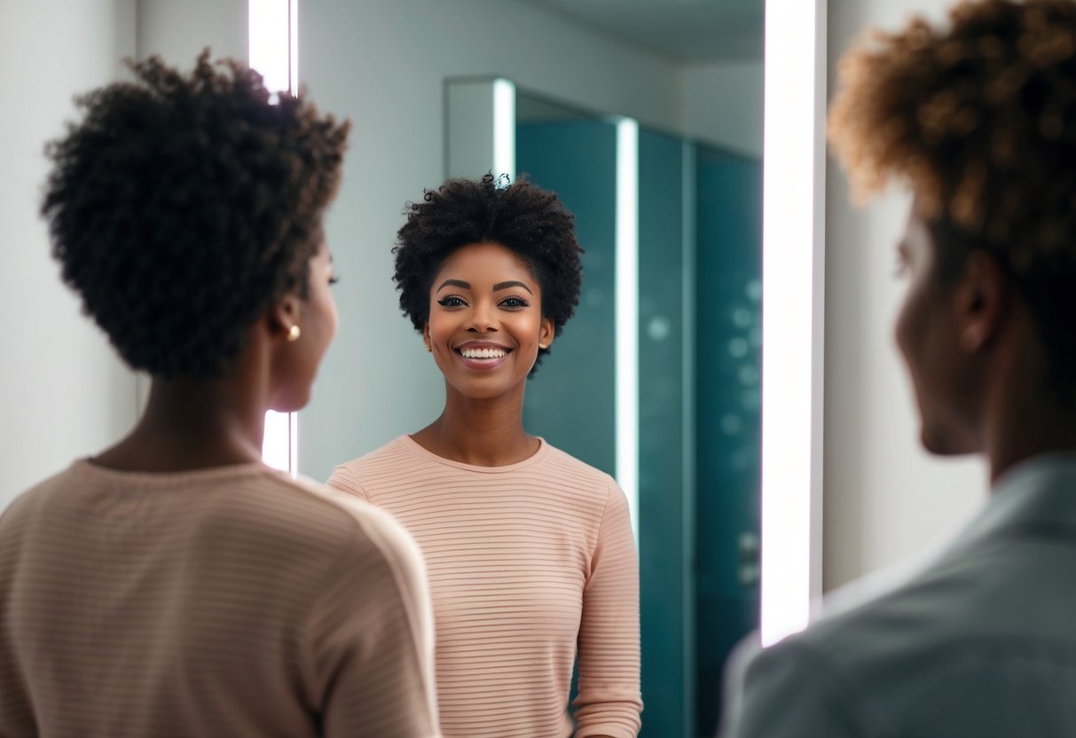 A person standing in front of a mirror, smiling while looking at their reflection