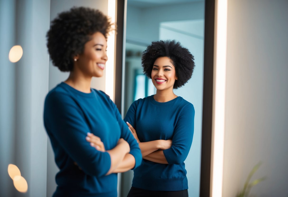 A person standing confidently in front of a mirror, smiling and embracing their reflection with self-assurance