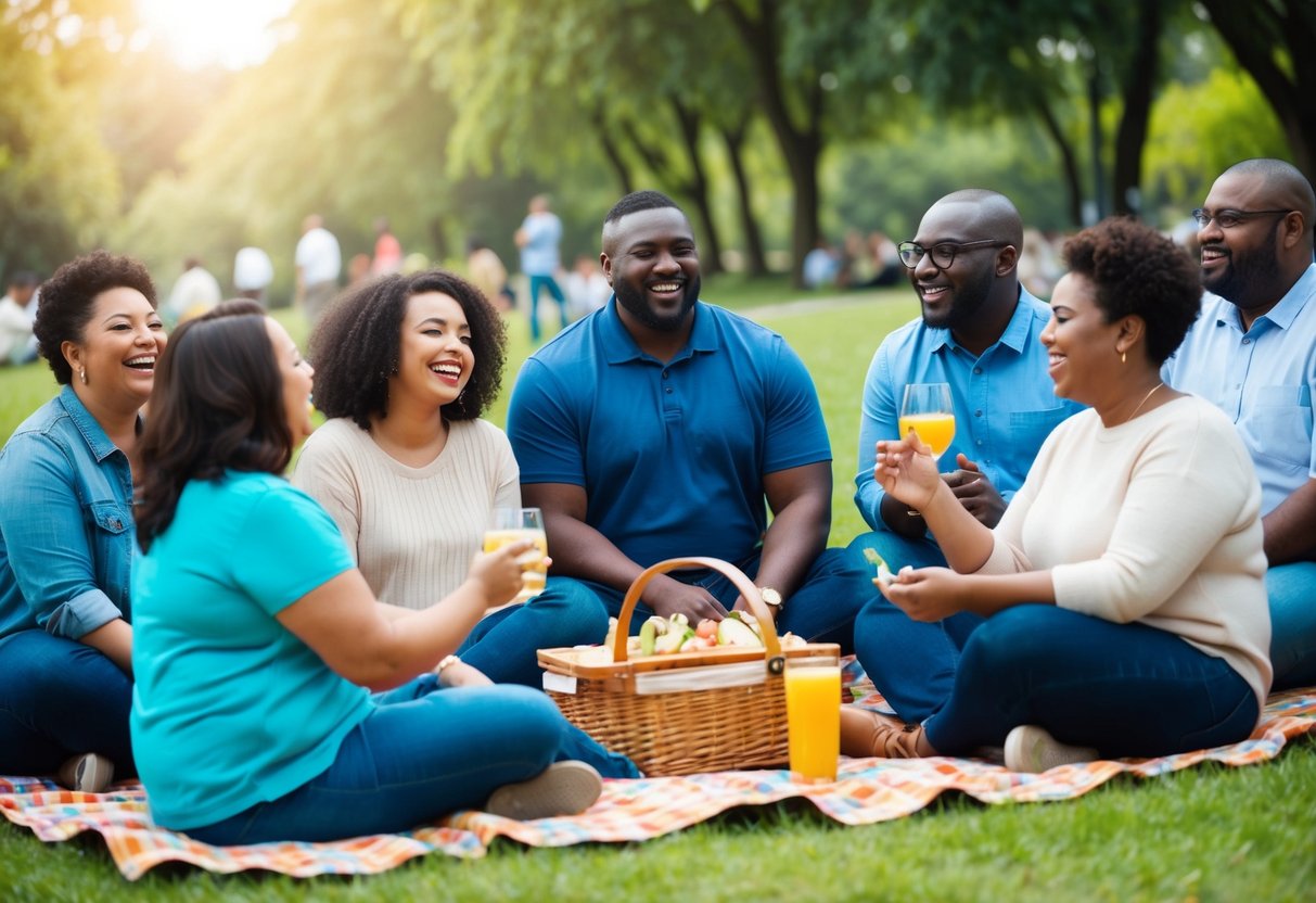 A diverse group of people of various shapes and sizes enjoying a picnic in a park, laughing and conversing with confidence and positivity