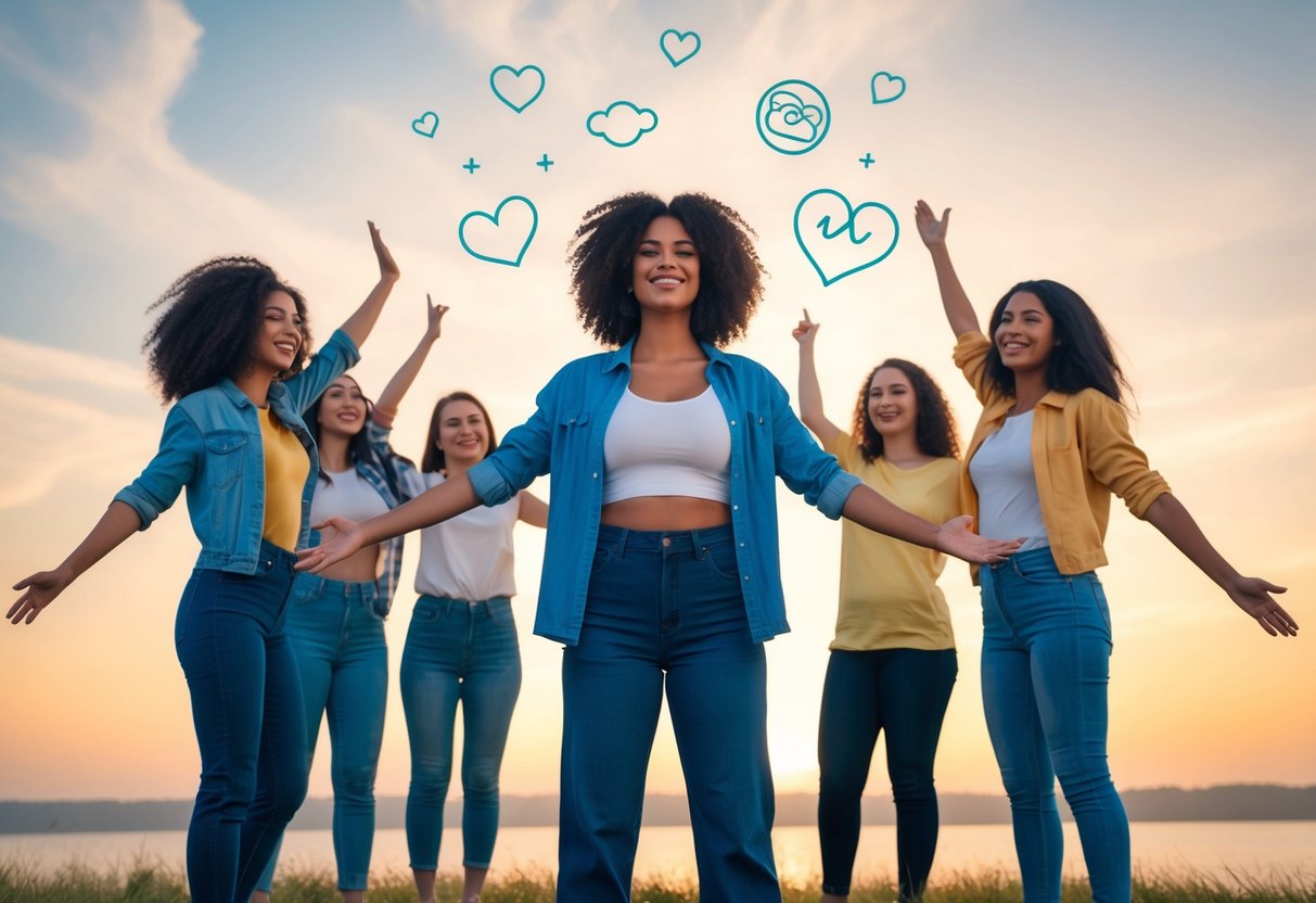 A person standing confidently with open body language, surrounded by supportive friends and positive symbols of self-love