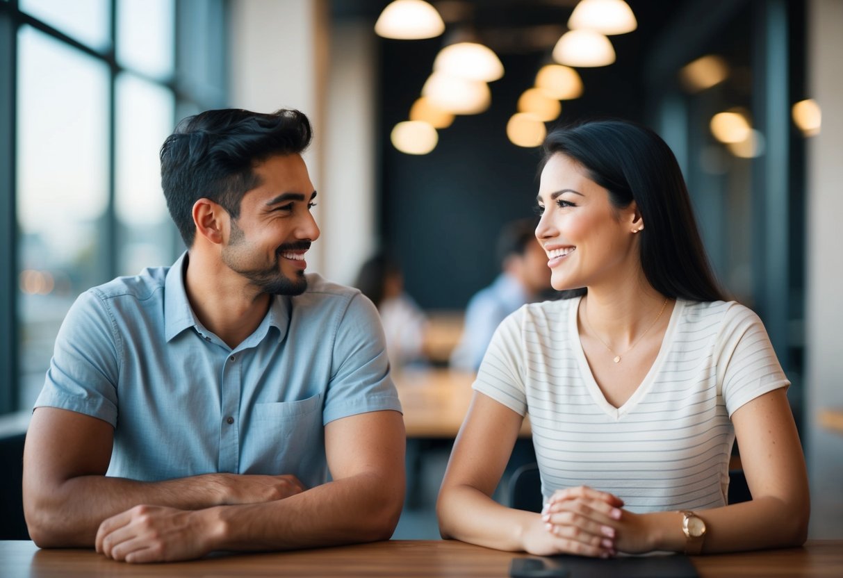 A couple sitting across from each other, engaged in deep conversation, with open body language and genuine smiles