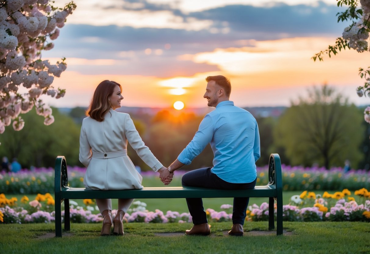 A couple sitting on a park bench, surrounded by blooming flowers and a beautiful sunset, holding hands and smiling at each other