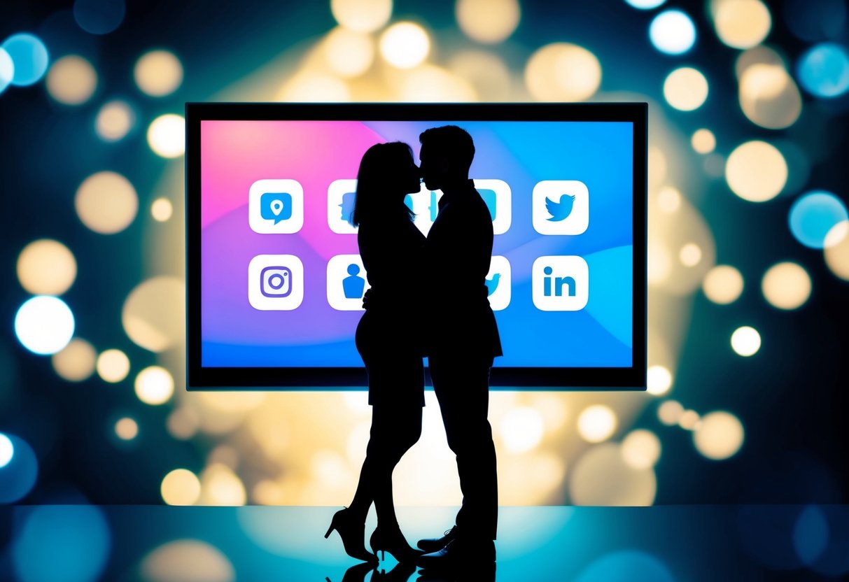 A couple's silhouettes embracing in front of a screen displaying various social media icons, with a diverse range of body shapes and sizes depicted