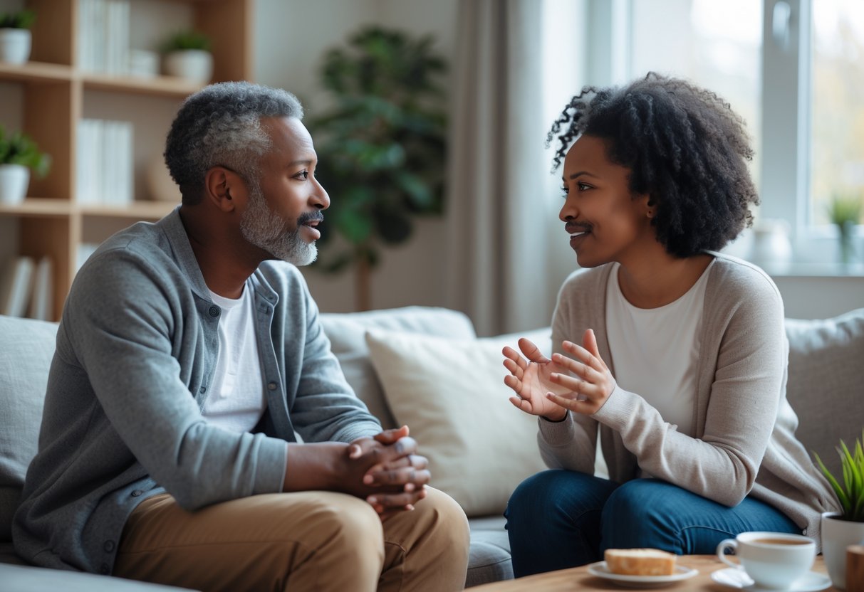 Two adults sitting on a sofa in a cozy living room, engaged in a caring and attentive conversation.