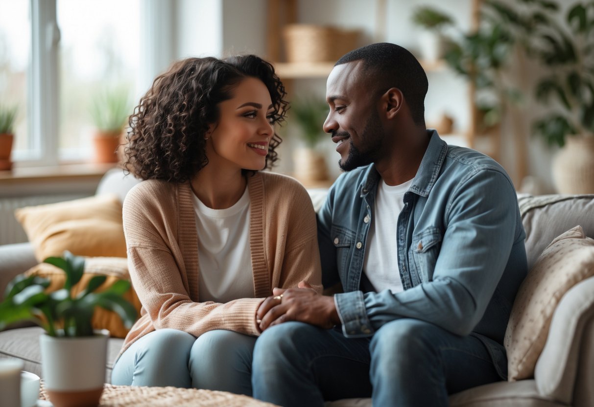 A couple sitting closely together in a living room, having a sincere and open conversation.