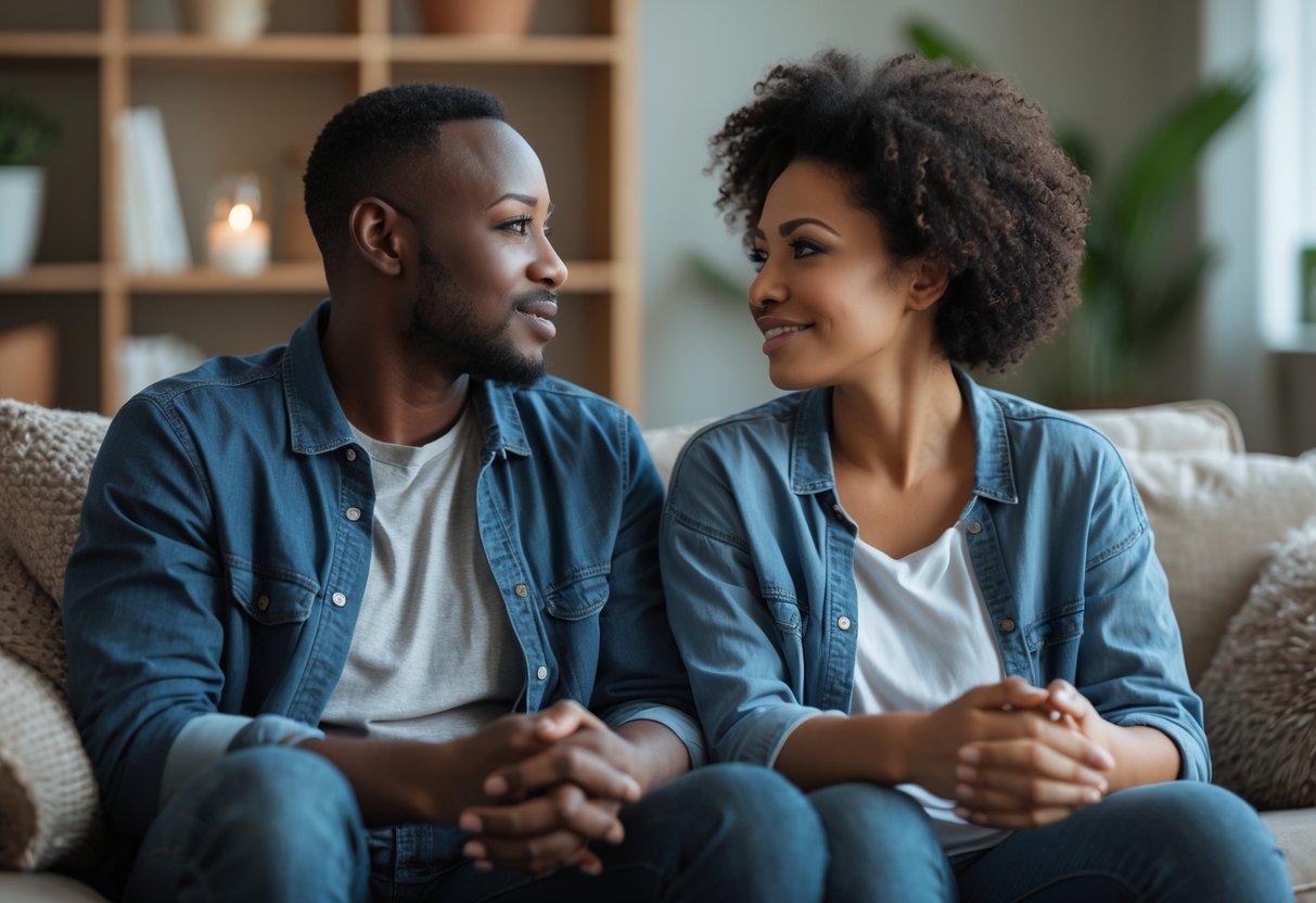 A couple sitting closely together in a living room, having a sincere and caring conversation.