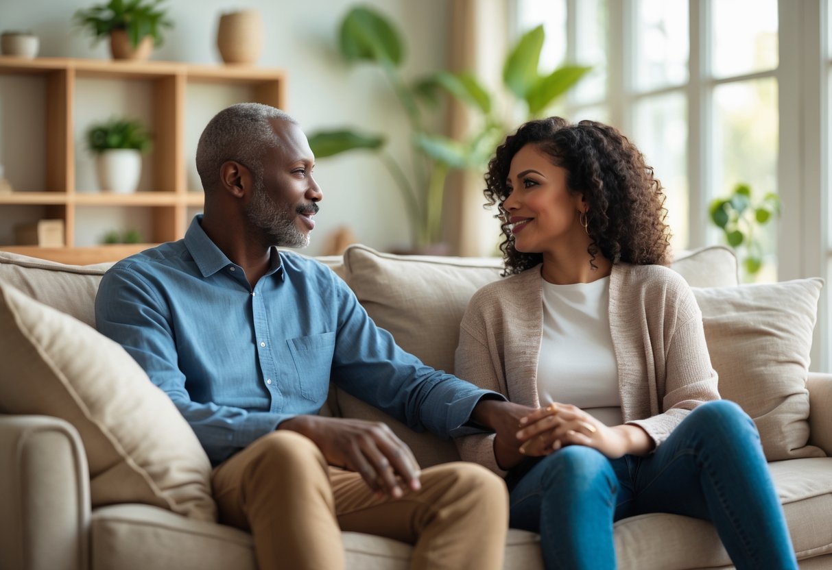 Two adults sitting on a sofa having a calm and open conversation in a cozy living room.