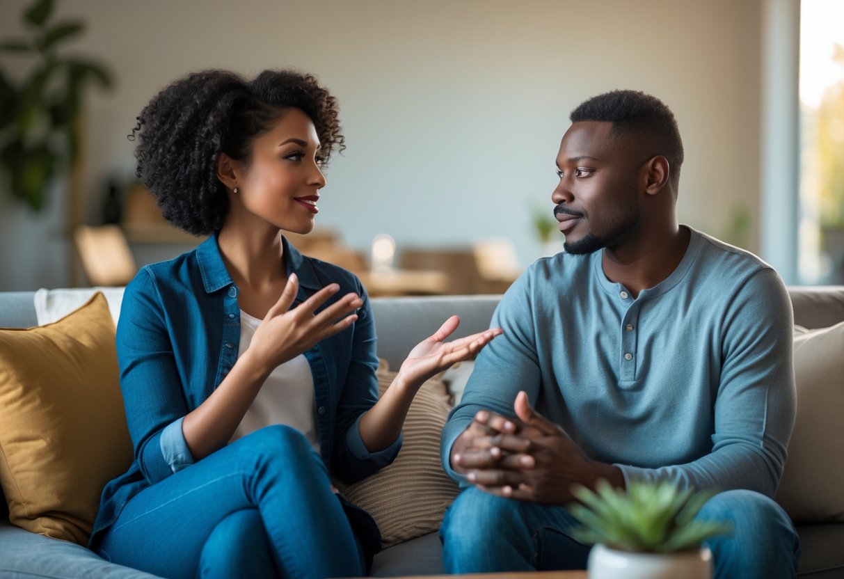 A couple sitting closely on a sofa having a sincere and heartfelt conversation in a cozy living room.
