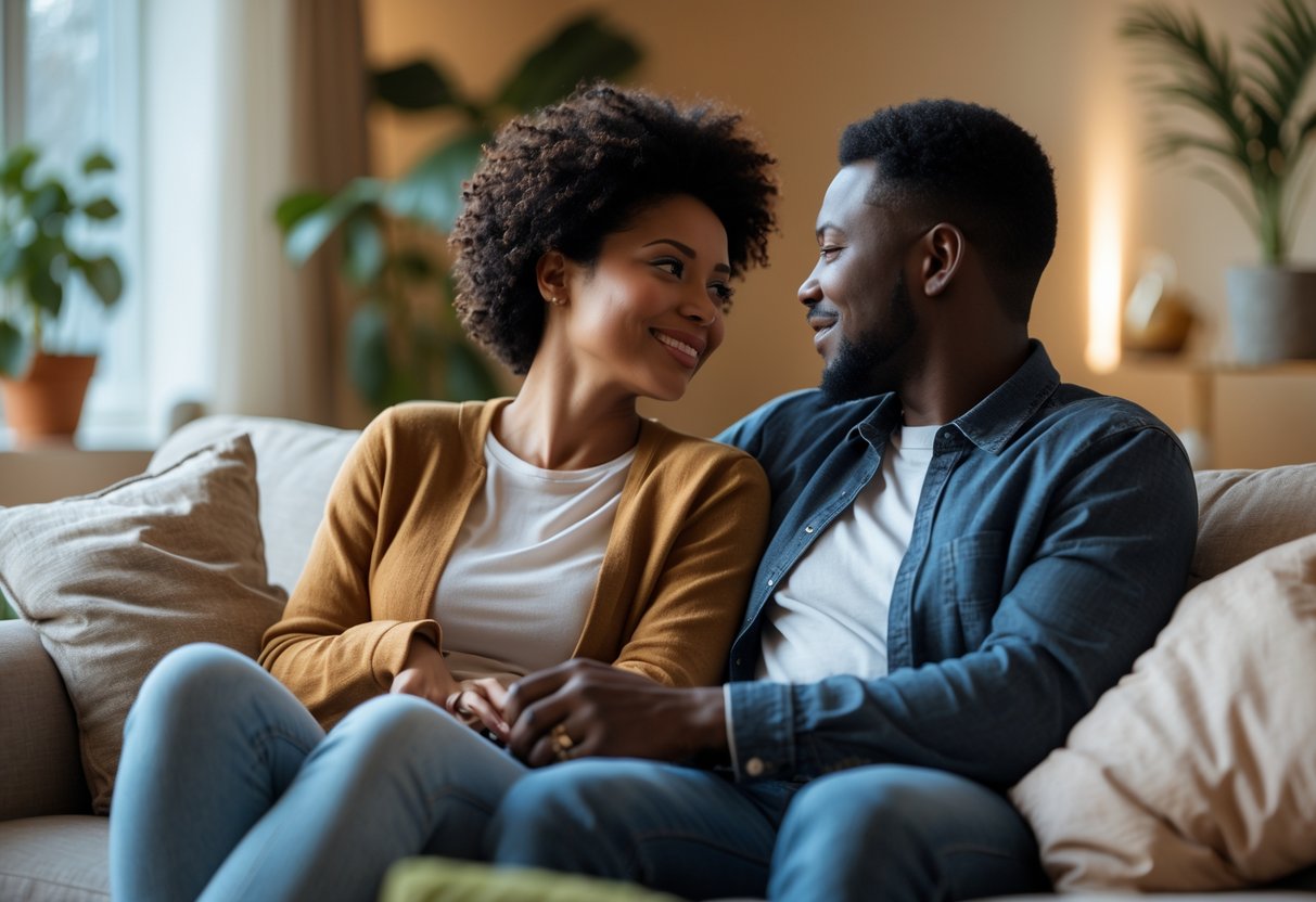 A couple sitting closely on a sofa, talking and looking at each other with caring expressions in a cozy living room.