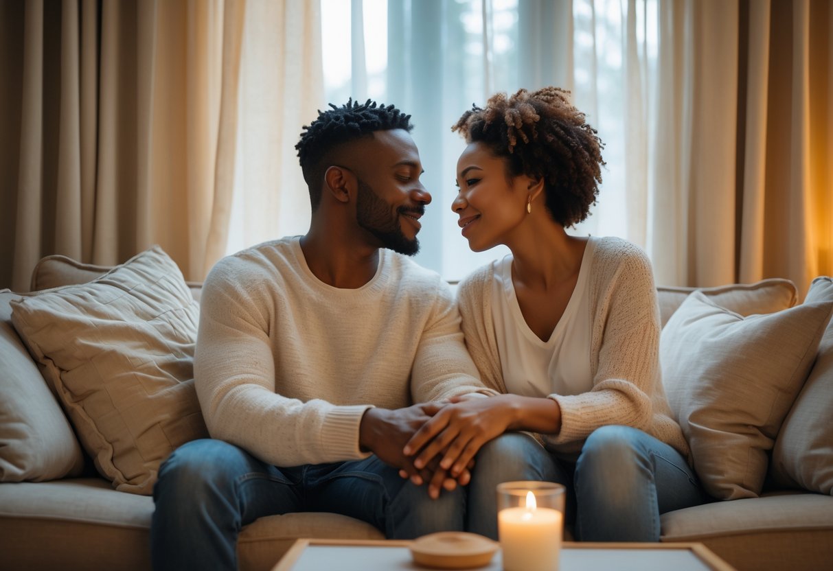 A couple sitting closely on a sofa holding hands and looking at each other with caring expressions in a cozy living room.