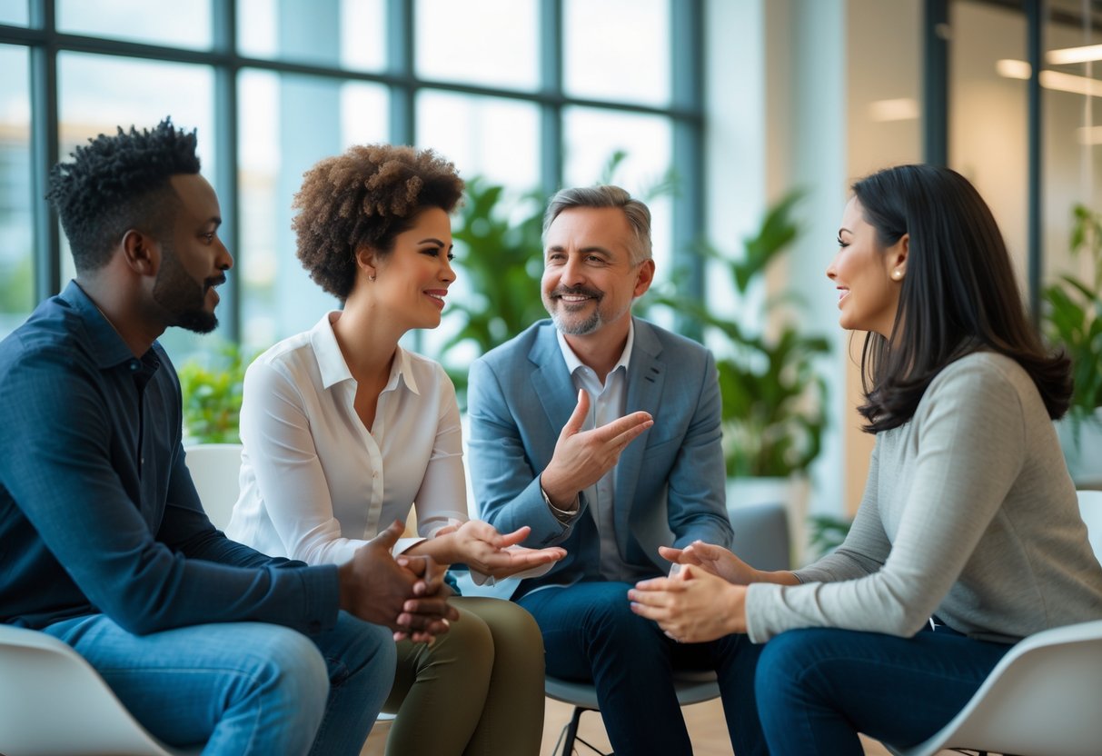 Three adults having a supportive and attentive conversation in a bright office with large windows and plants.