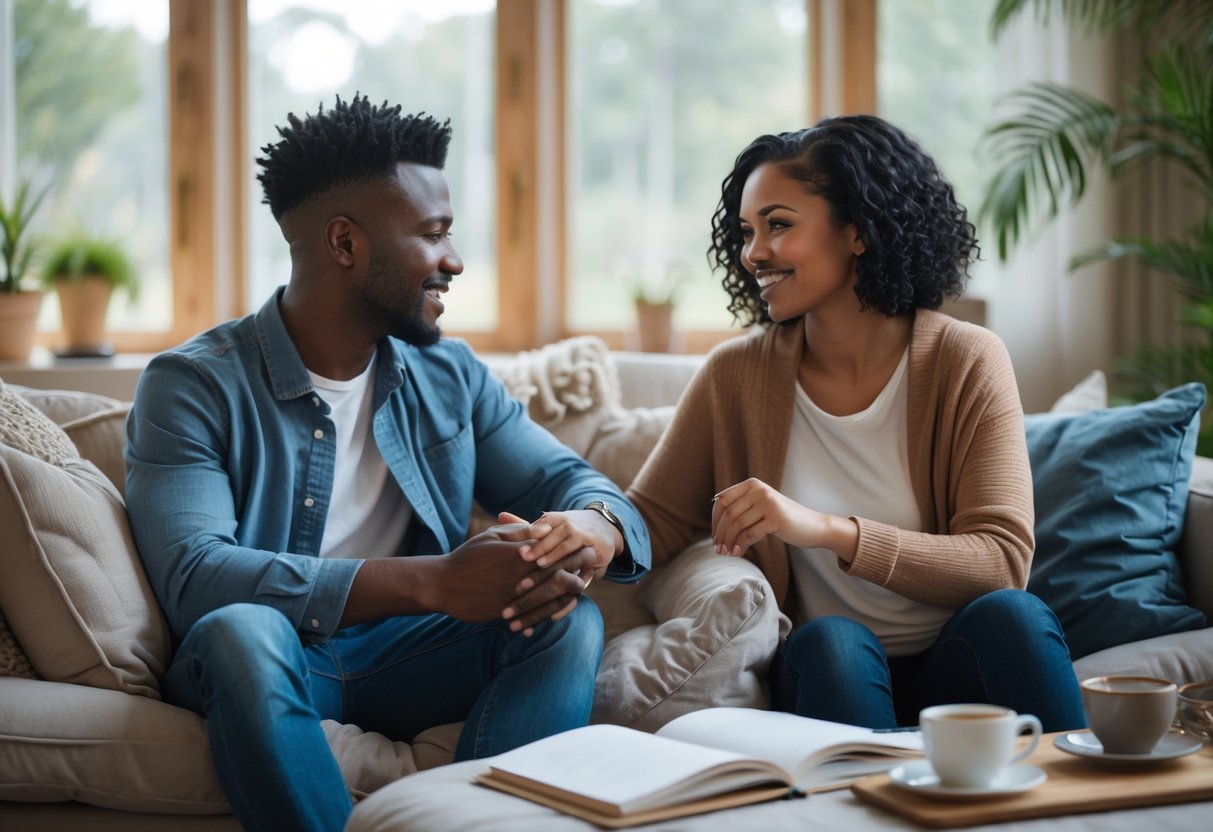 A couple sitting on a sofa in a cozy living room, holding hands and talking with warm expressions.