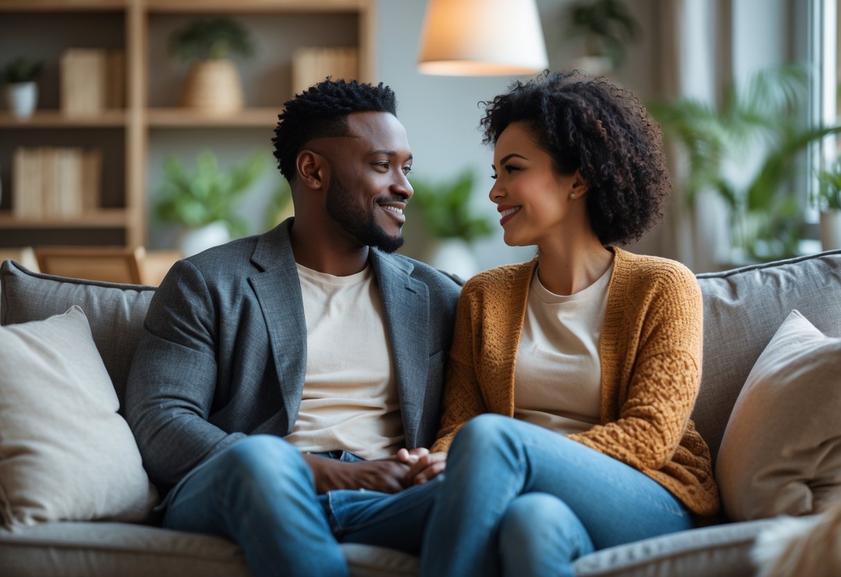 A couple sitting close together on a sofa, having a warm and intimate conversation in a cozy living room.
