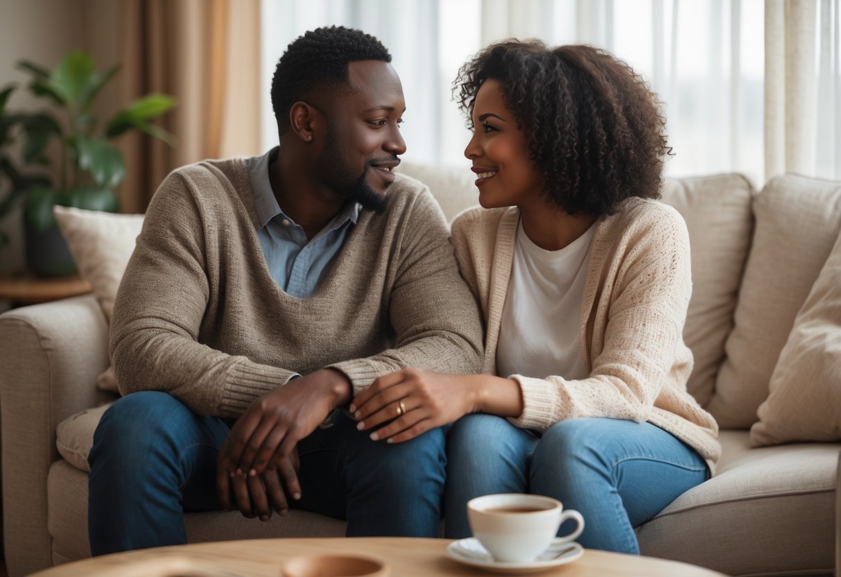 A couple sitting closely together in a cozy living room, engaged in a heartfelt conversation.