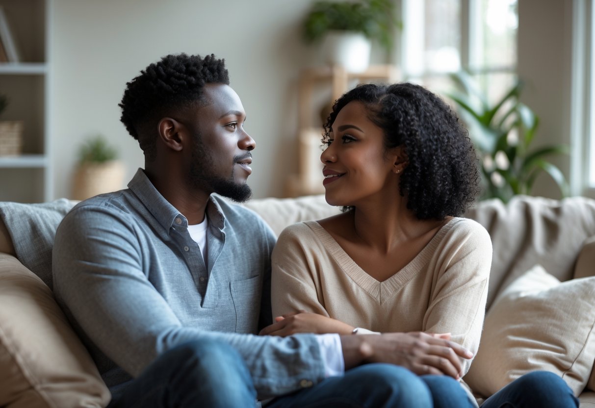 A couple sitting close together in a cozy living room, looking into each other’s eyes and having a heartfelt conversation.