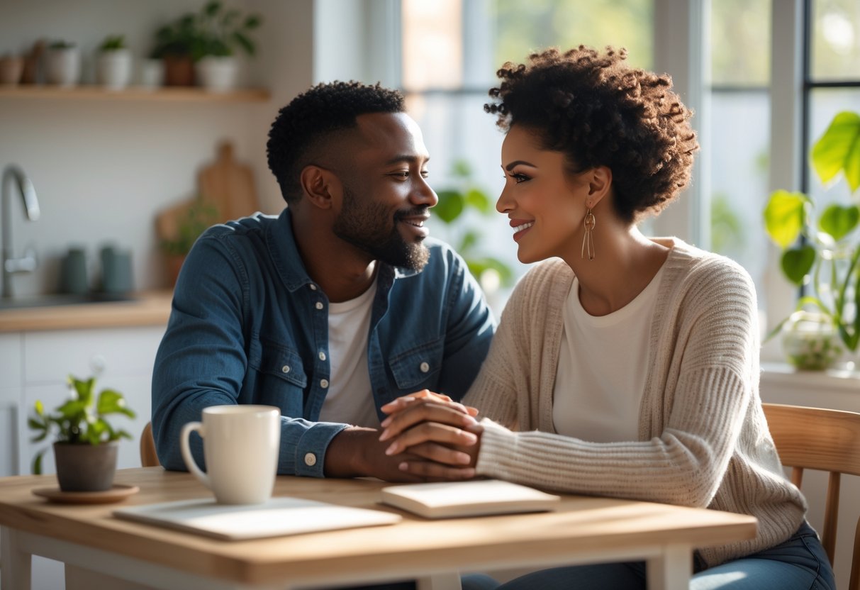 A couple sitting closely at a kitchen table, engaged in a warm and meaningful conversation.