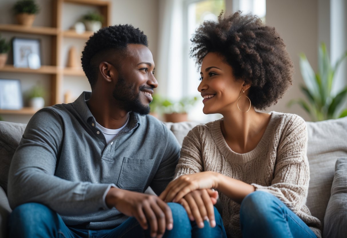 A couple sitting closely together in a living room, engaged in a warm and intimate conversation.
