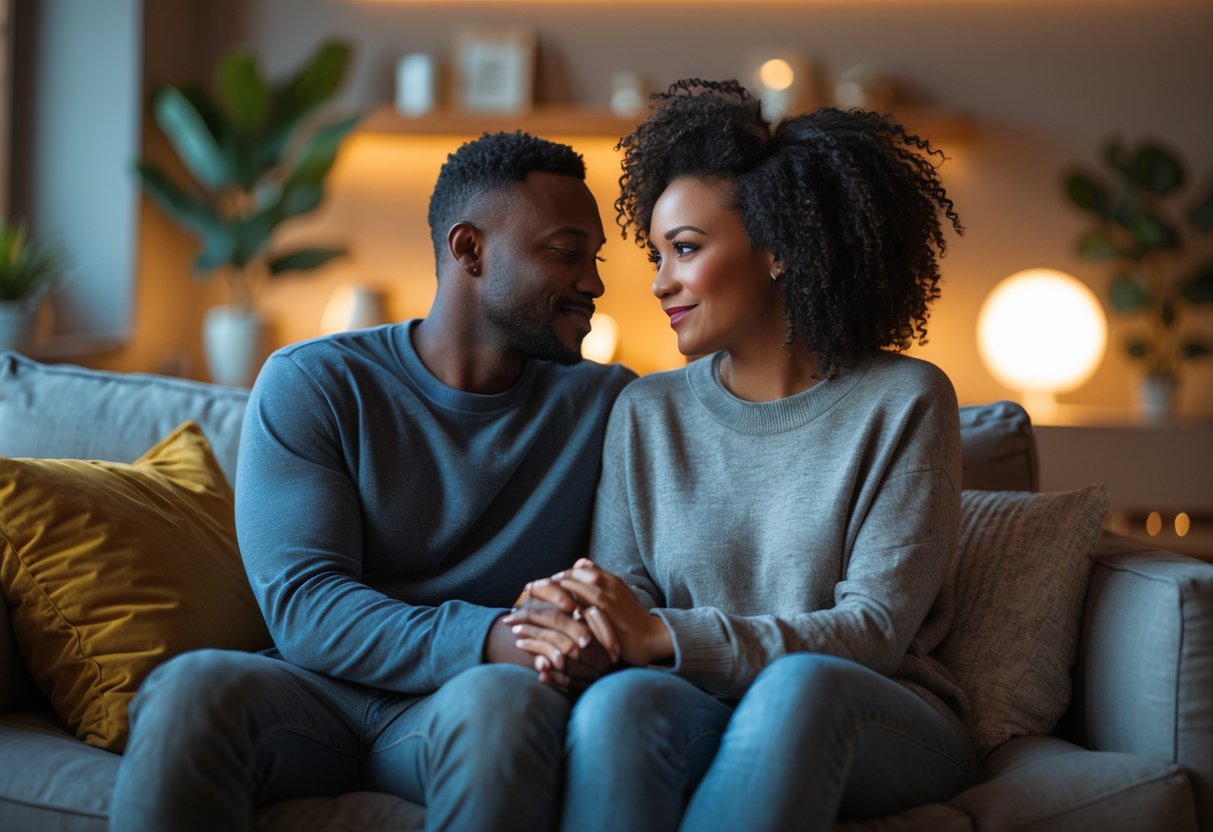 A diverse couple sitting closely in a cozy living room, holding hands and looking at each other with calm and trusting expressions.