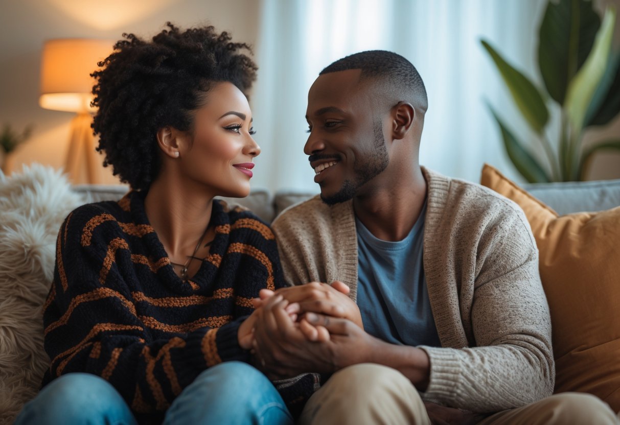 A couple sitting close together, holding hands and looking at each other with warm, trusting expressions in a cozy living room.