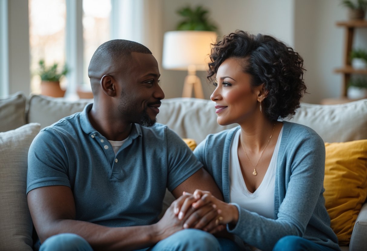 Two adults sitting closely in a cozy living room, sharing a calm and trusting conversation.