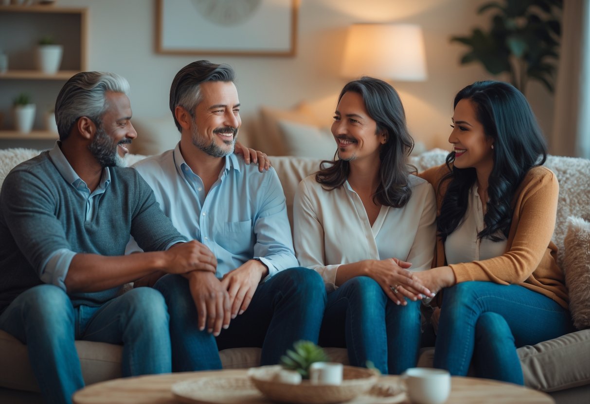 Four adults sitting together in a cozy living room, engaged in a warm and supportive conversation.
