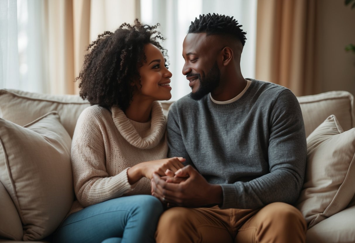 A couple sitting closely on a sofa, holding hands and looking into each other's eyes in a warm and comfortable living room.