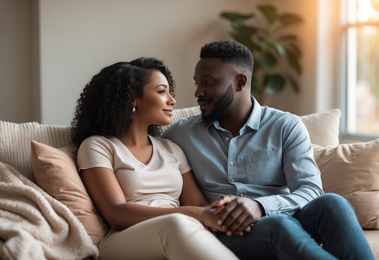 A diverse couple sitting closely together in a warm room, having a calm and supportive conversation.