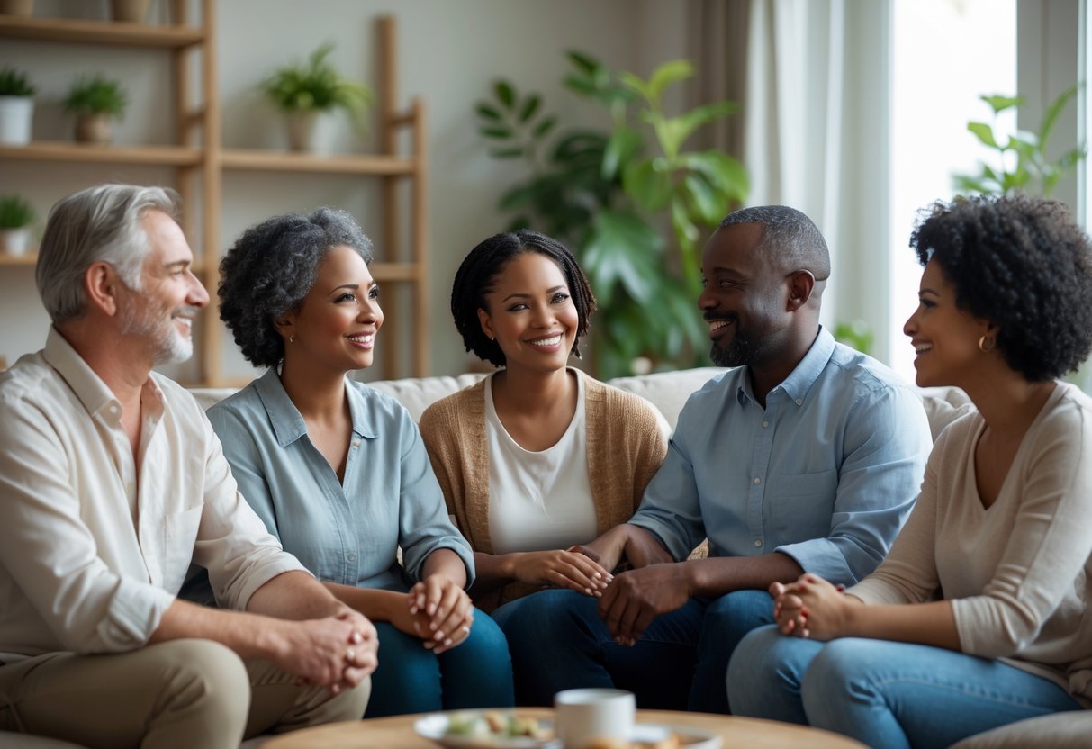 A diverse group of adults sitting together in a living room, engaged in supportive and caring conversation.