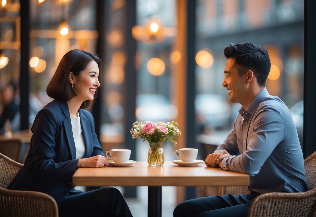 A couple sitting at a café table, talking and smiling at each other in a warm, cozy setting.
