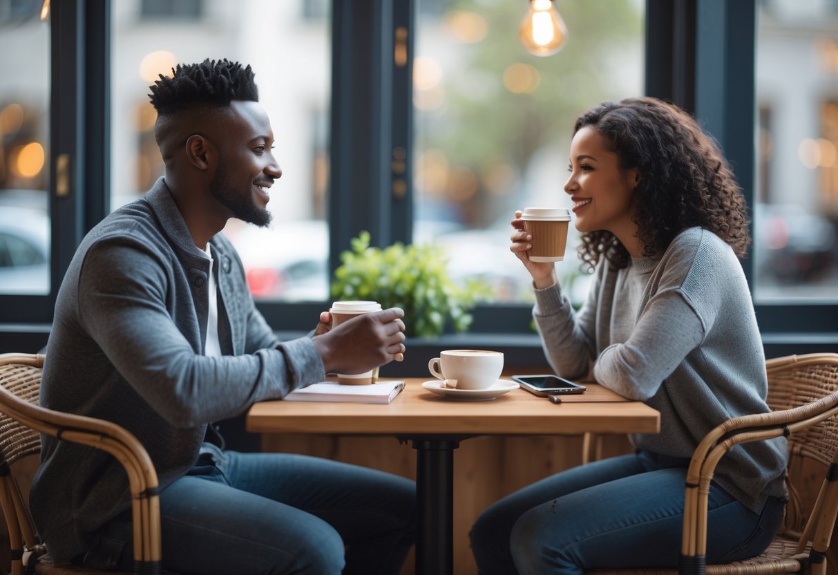 A couple sitting at a cafe table, talking and smiling at each other in a warm, cozy setting.