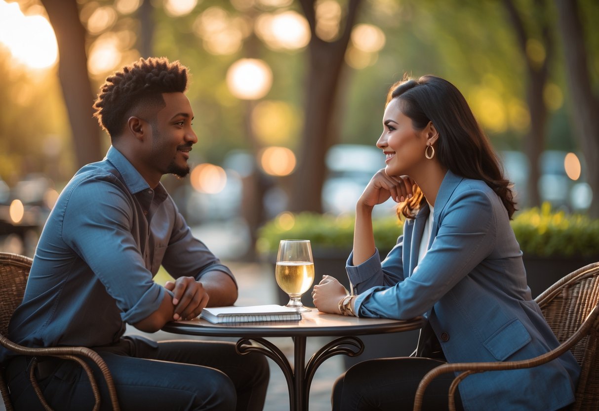 A couple sitting at a café table outdoors, engaged in a warm and meaningful conversation.