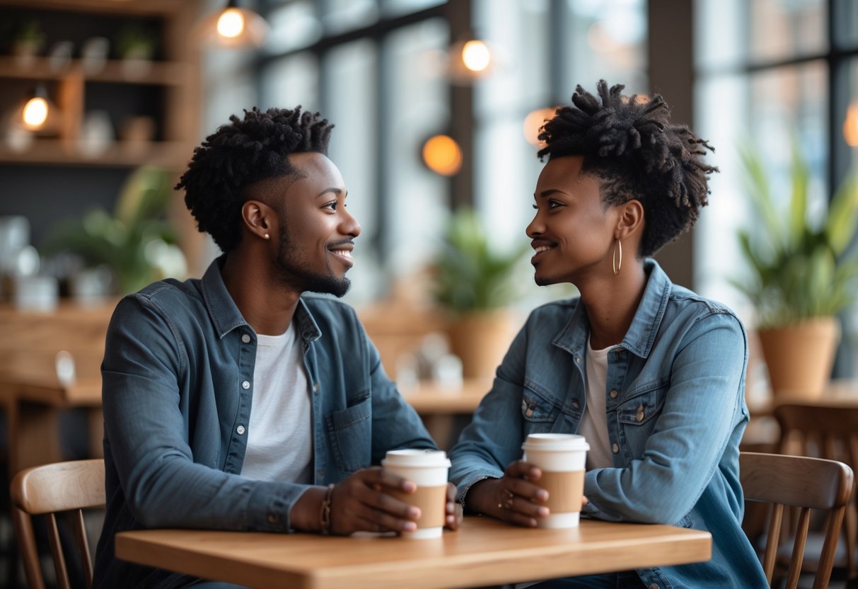 A young adult couple sitting at a café table, talking and smiling at each other.
