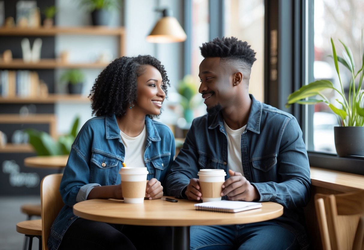 A young couple sitting at a coffee shop table, talking and smiling at each other with coffee cups and a notebook in front of them.
