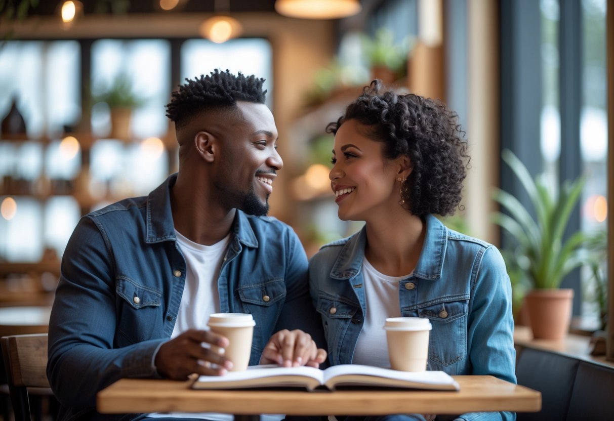 A couple sitting closely at a cafe table, smiling and talking with coffee cups and a notebook between them.