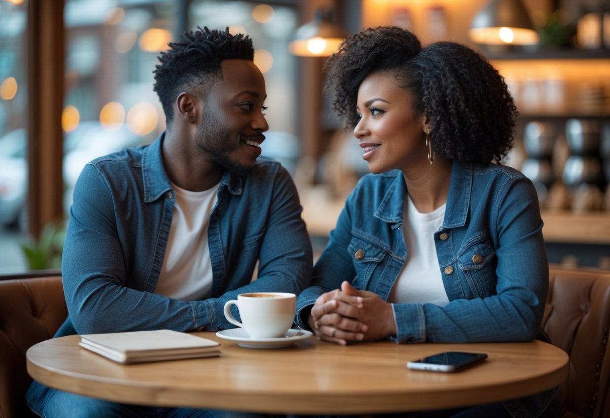A couple sitting at a coffee shop table, having a thoughtful and engaged conversation.