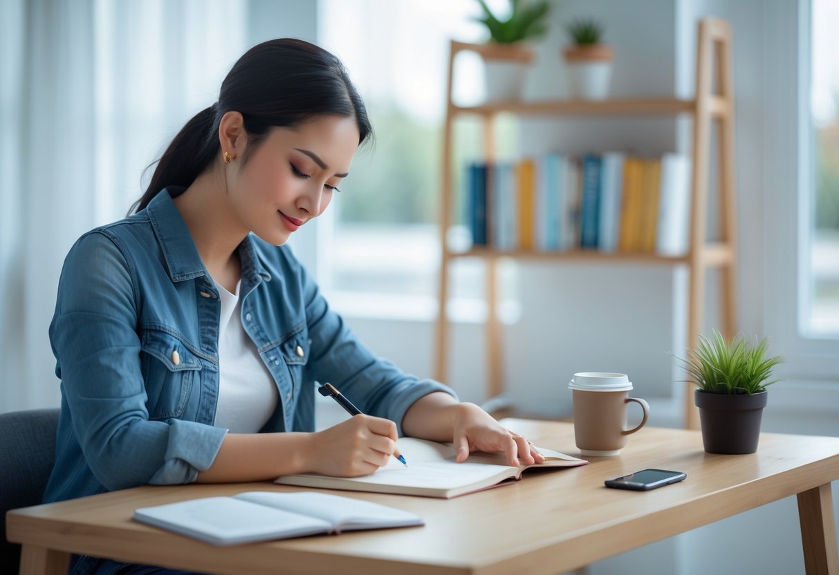 A young woman sitting at a desk writing in a notebook in a bright room with natural light and a plant nearby.