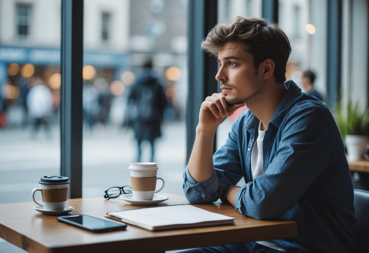 A young adult sitting alone at a café table, looking thoughtfully out a window with a notebook and coffee in front of them.