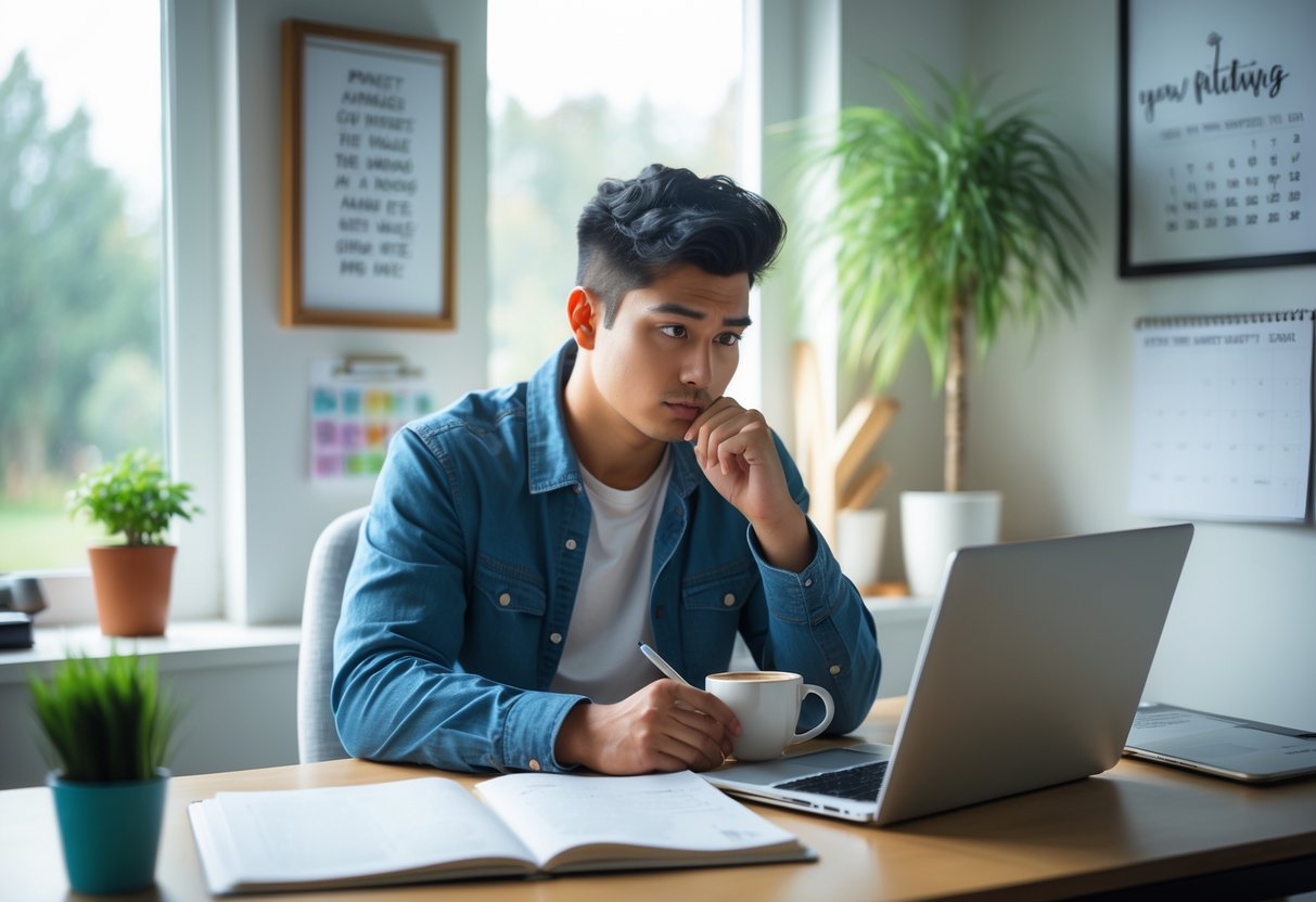 A young adult sitting at a desk in a bright room, thoughtfully writing in a notebook with a laptop and coffee nearby.