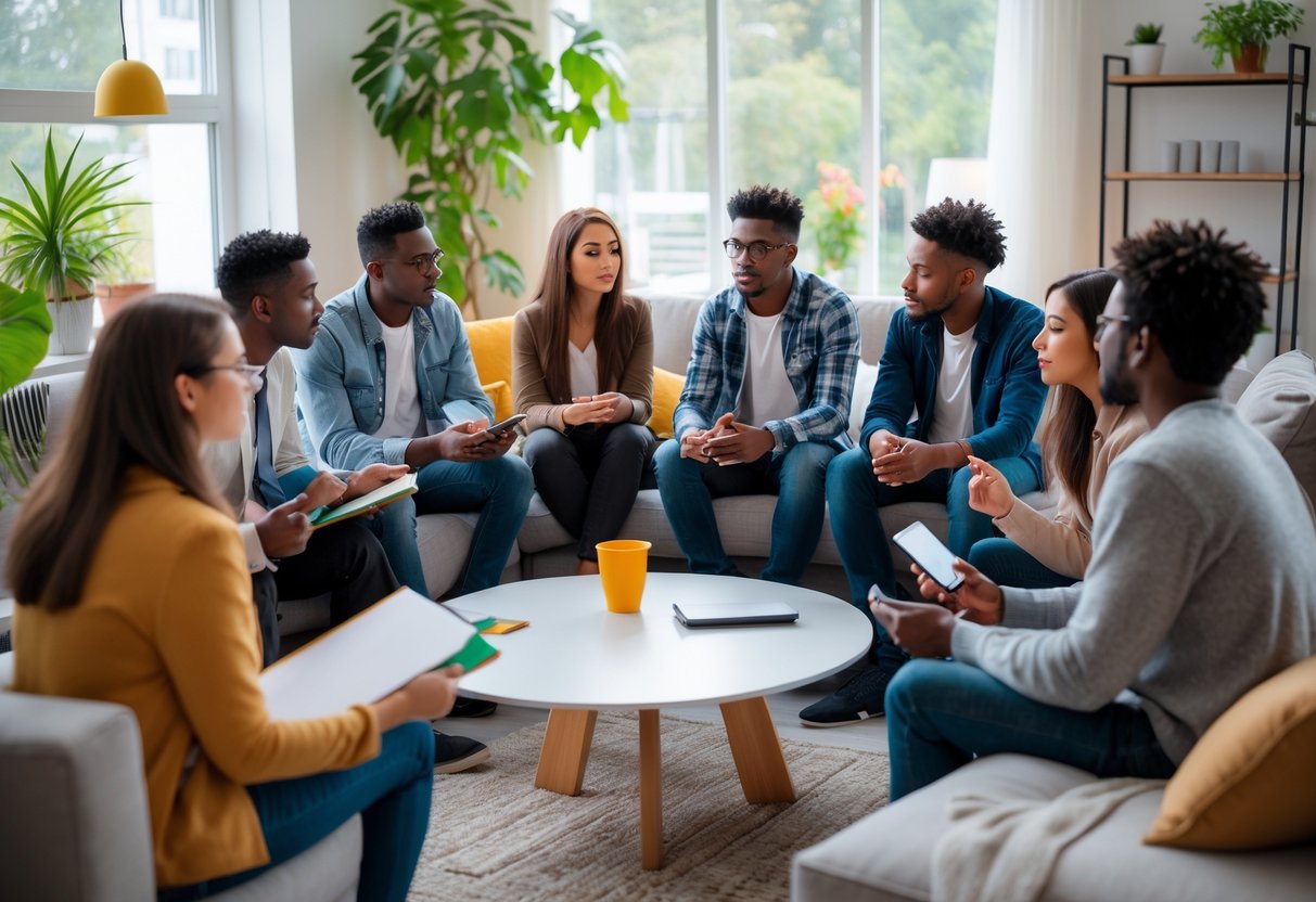A group of young adults sitting around a coffee table in a bright living room, engaged in a thoughtful conversation.
