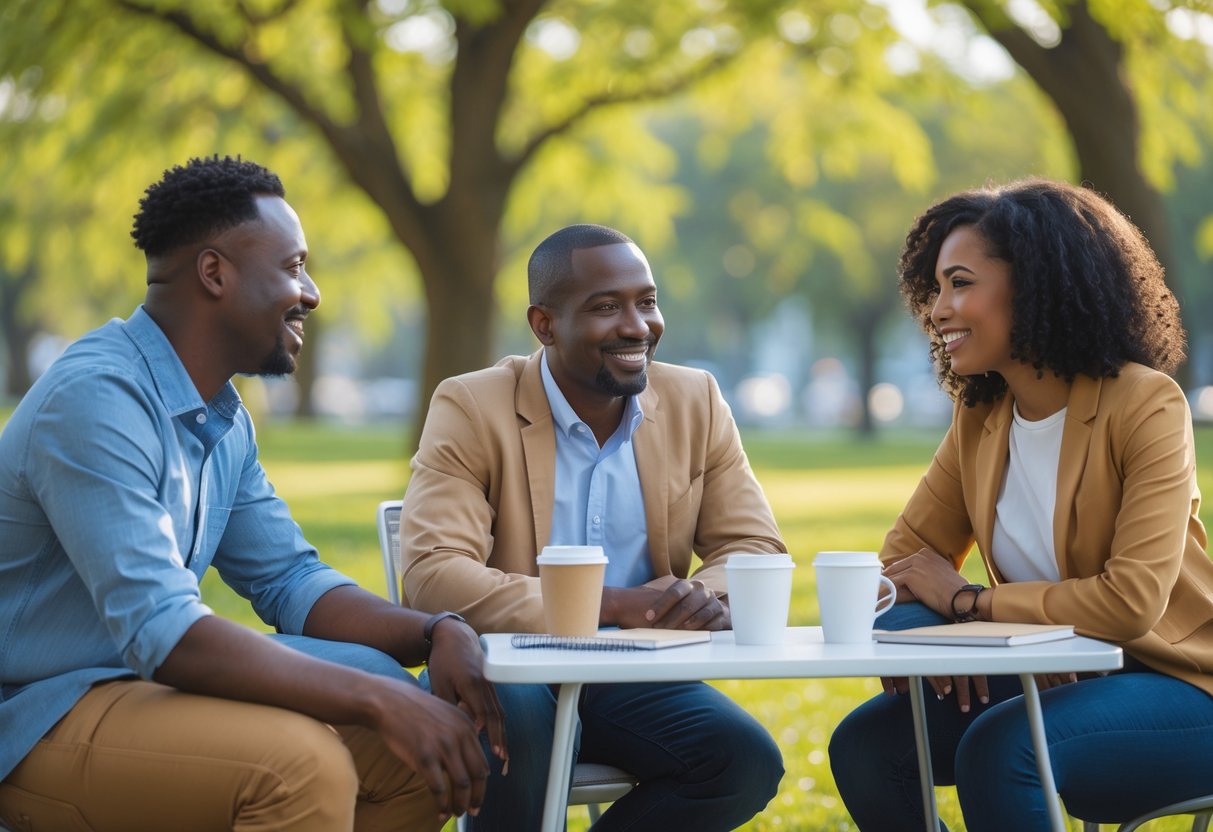 Three adults of different ethnic backgrounds having a friendly conversation outdoors in a park setting.