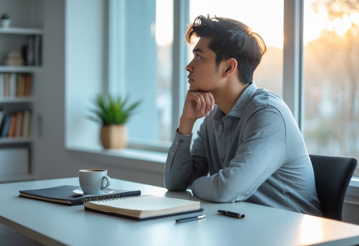 A young adult sitting at a desk looking thoughtfully out of a window with a notebook and coffee nearby.