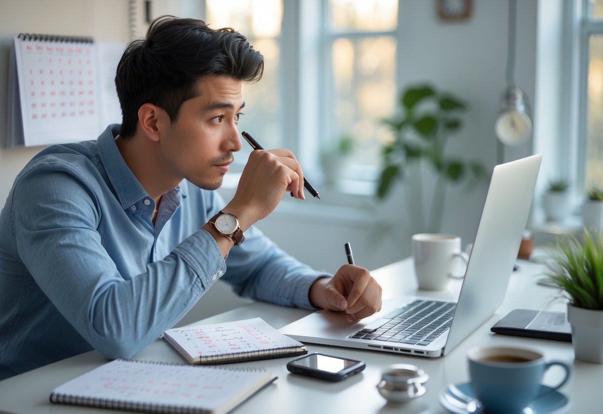 A young adult sitting at a desk, thoughtfully looking at a laptop with a notebook and pen, surrounded by a calendar, wristwatch, and coffee cup in a bright, organized room.