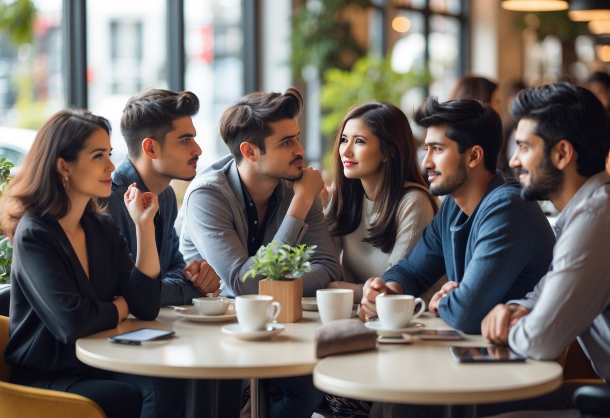 A group of young adults sitting in a café, engaged in thoughtful conversation and reflection.