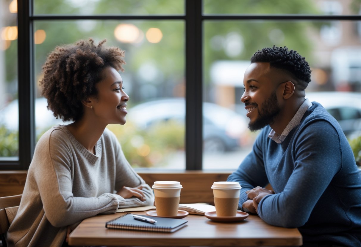 A couple sitting at a café table having a meaningful conversation, smiling and making eye contact.