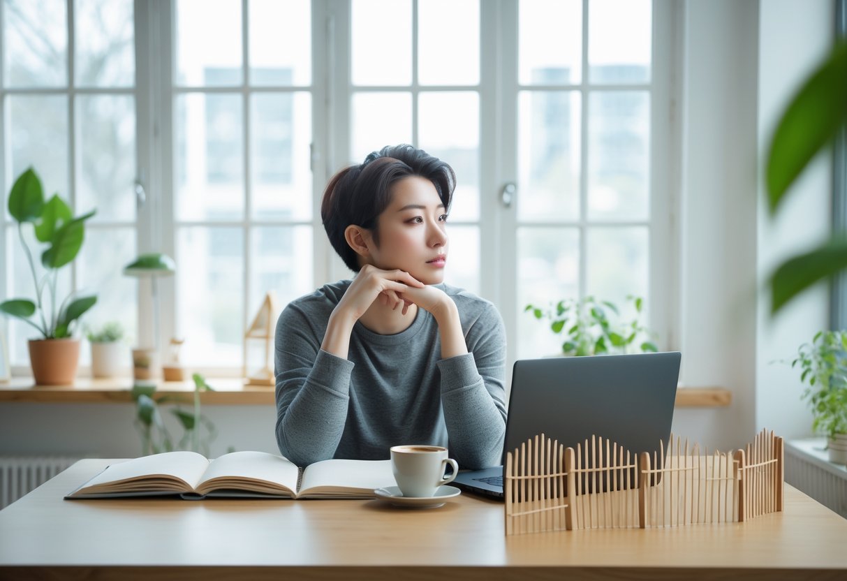 A young adult sitting at a desk surrounded by notebooks and a laptop, looking thoughtful in a bright room with plants and natural light.