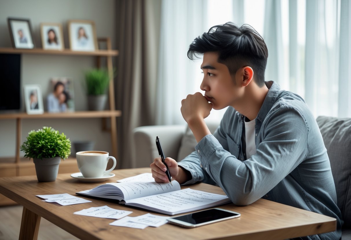 A young adult sitting at a desk in a living room, looking thoughtfully at an open notebook with notes and question cards, surrounded by a coffee cup, smartphone, and family photos in the background.