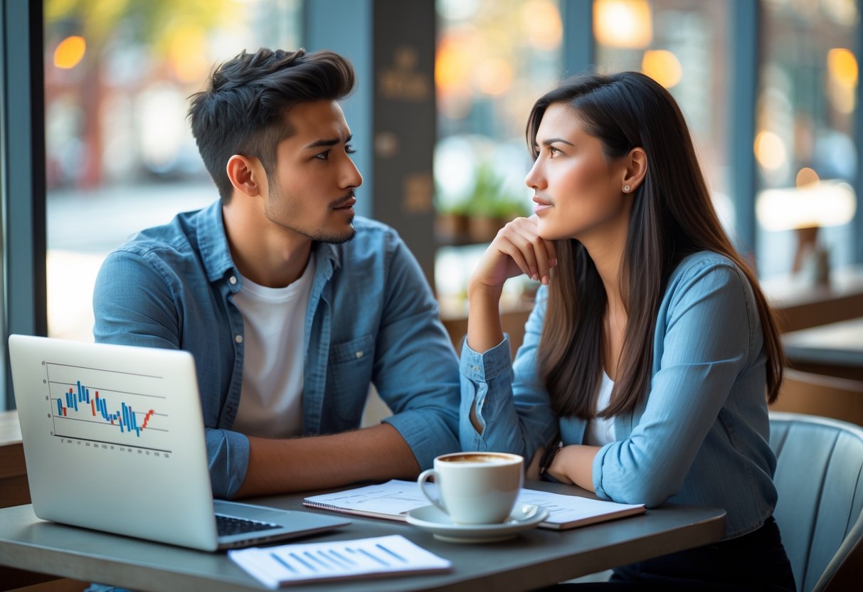 A young couple sitting at a cafe table, having a serious conversation with a laptop and notebook nearby.