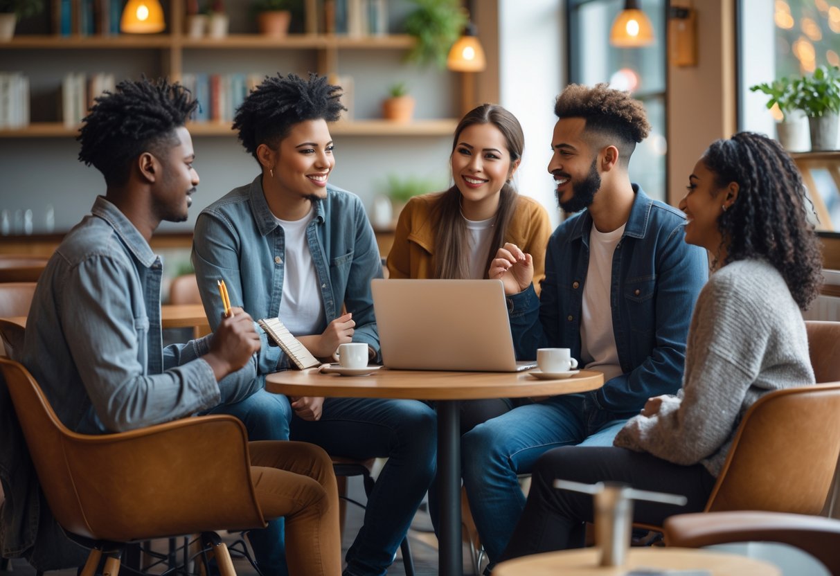 A group of young adults sitting in a café having a thoughtful conversation, with notebooks and laptops on the table.