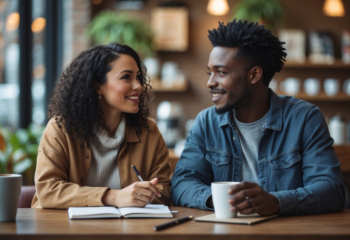 A young couple sitting at a coffee shop table, talking and smiling while looking at each other.
